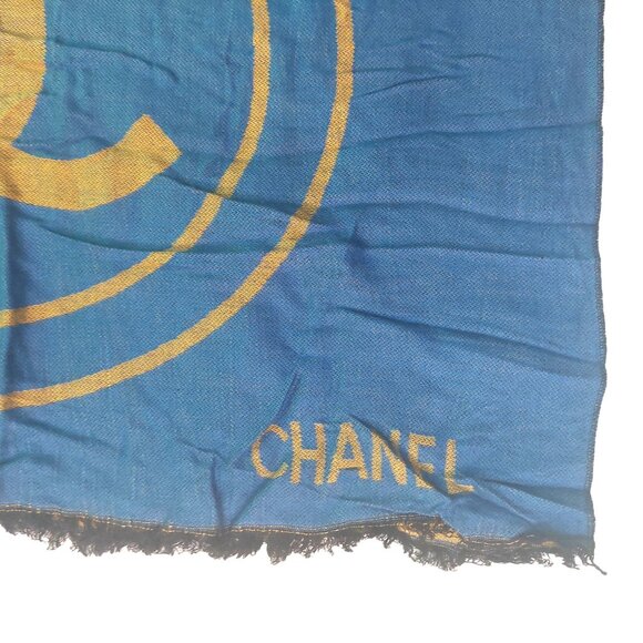 CHANEL Vintage Blue & Gold Reversible Color Block Wrap Shawl Scarf w/ CC Logo - Picture 5 of 5